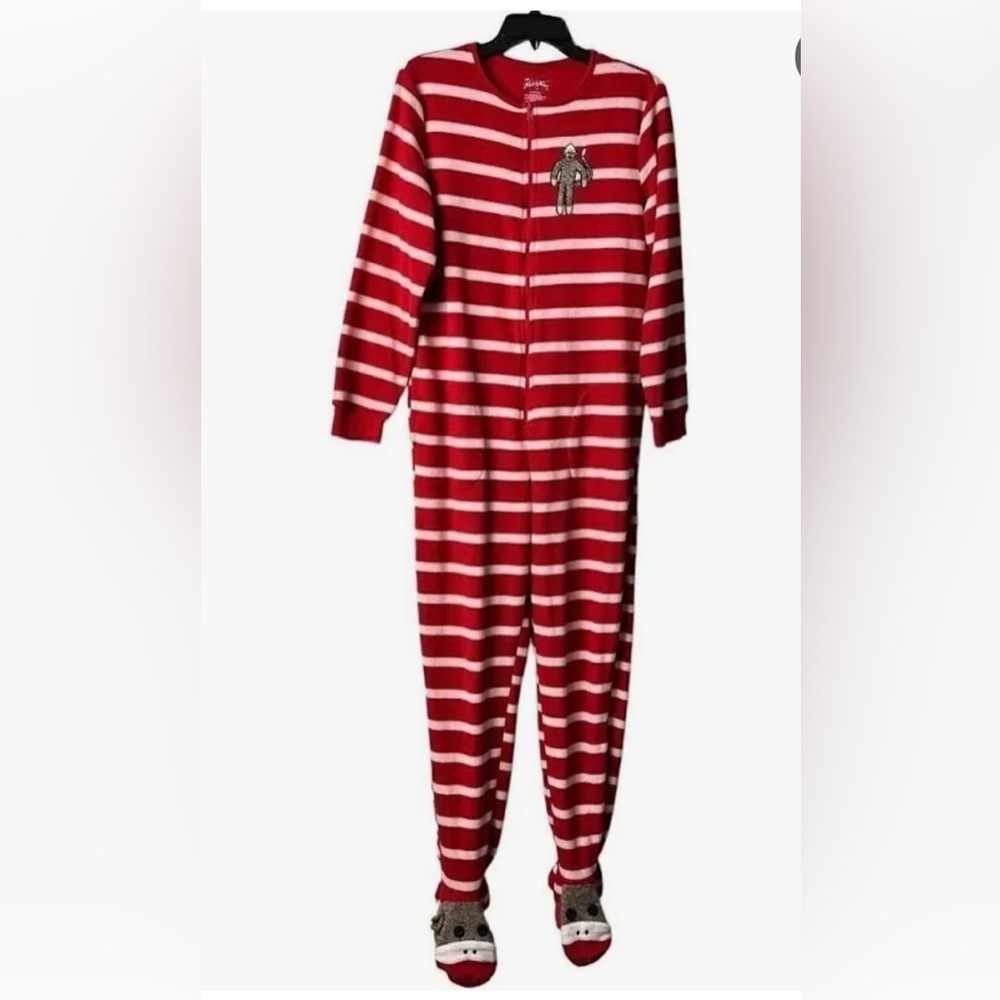 Nick & Nora Red and White Stripe Sock Monkey Footed Onesie Pajamas
